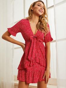 S BETRO 前繫帶荷葉邊波卡圓點連衣裙 - 紅色 - 查看 1