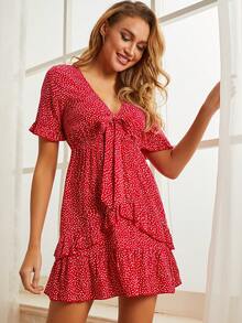 S BETRO 前繫帶荷葉邊波卡圓點連衣裙 - 紅色 - 查看 4