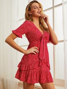 S BETRO 前繫帶荷葉邊波卡圓點連衣裙 - 紅色 - 查看 7