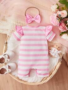 SHEIN Baby Girl Striped & Elephant Print Ruffle Trim Romper