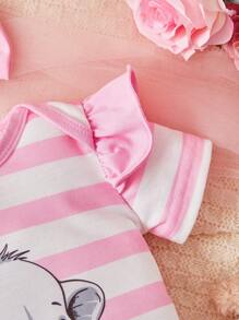 SHEIN Baby Girl Striped & Elephant Print Ruffle Trim Romper