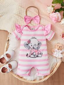 SHEIN Baby Girl Striped & Elephant Print Ruffle Trim Romper