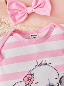 SHEIN Baby Girl Striped & Elephant Print Ruffle Trim Romper