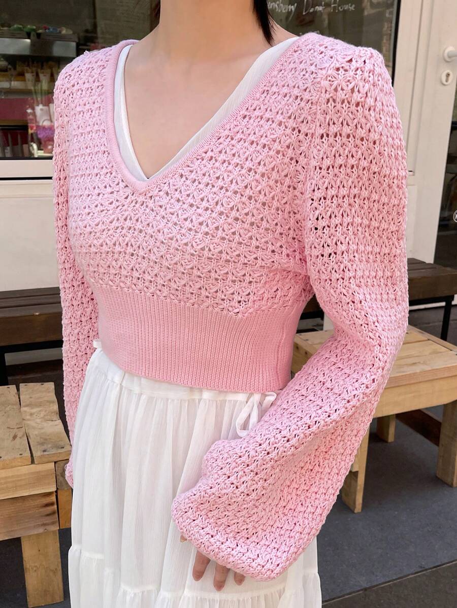 DAZY 纯色V领镂空针织毛衣，秋季女装 - 粉色 - 查看 1