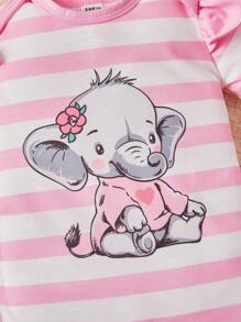 SHEIN Baby Girl Striped & Elephant Print Ruffle Trim Romper