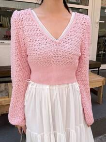 DAZY 纯色V领镂空针织毛衣，秋季女装 - 粉色 - 查看 2