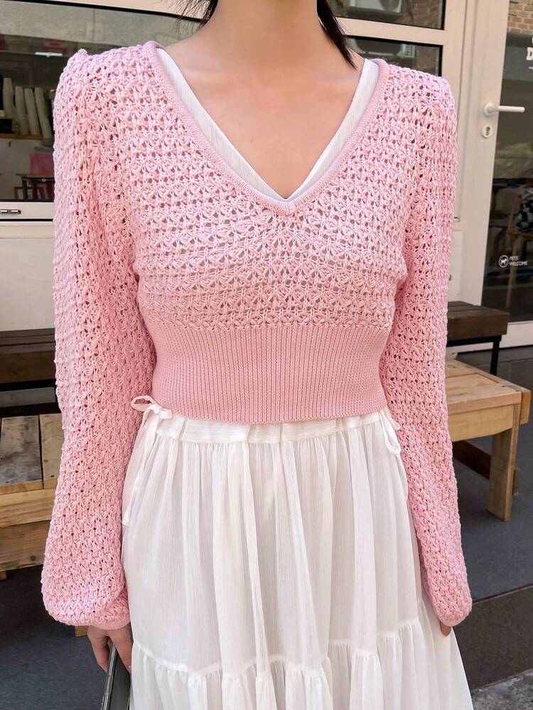 Solid V Neck Pointelle Knit Sweater,Fall Women Clothes