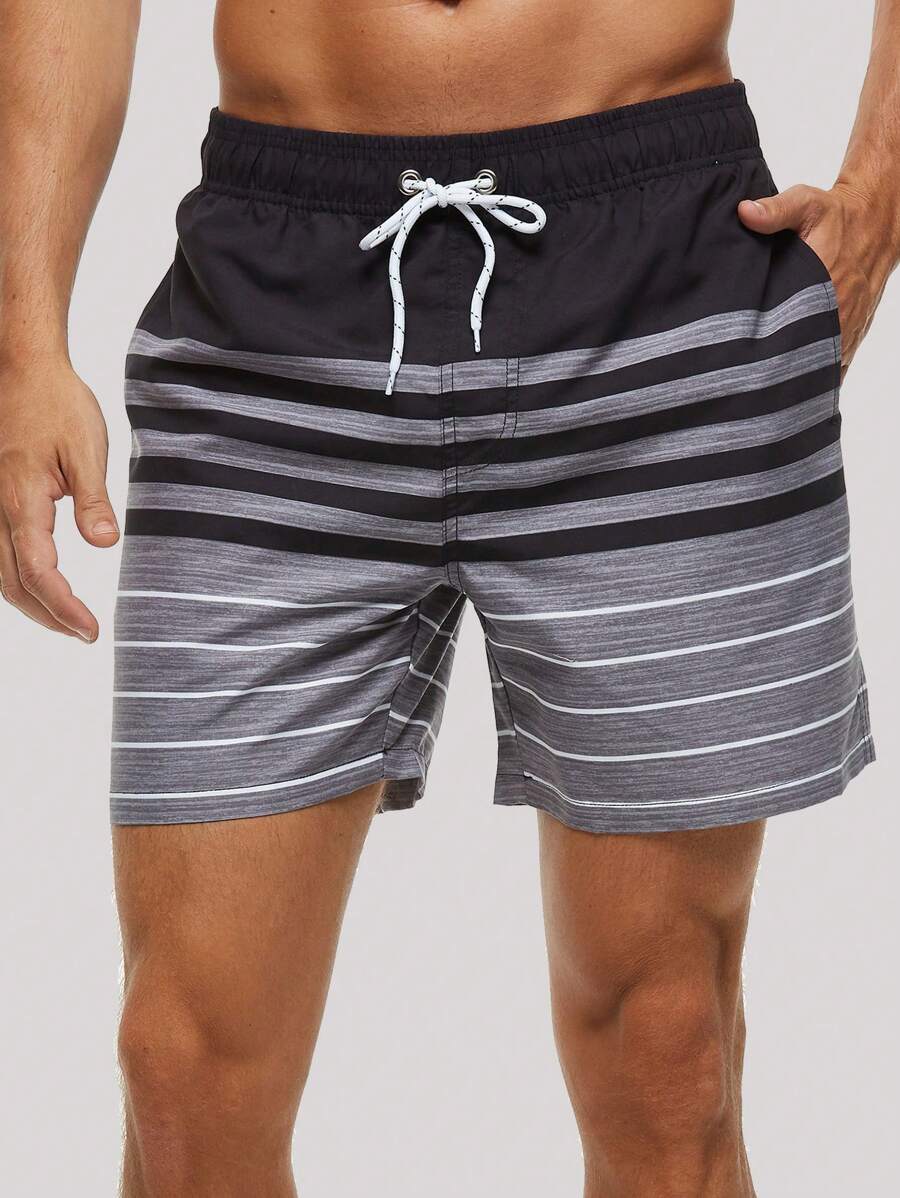 男士條紋圖案腰部抽繩運動短褲 - 彩色 - 查看 1