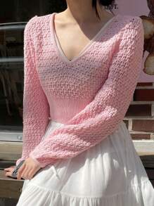DAZY 纯色V领镂空针织毛衣，秋季女装 - 粉色 - 查看 4