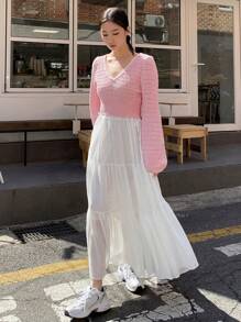 DAZY 纯色V领镂空针织毛衣，秋季女装 - 粉色 - 查看 5