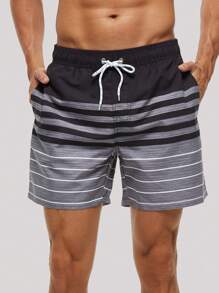 男士條紋圖案腰部抽繩運動短褲 - 彩色 - 查看 4
