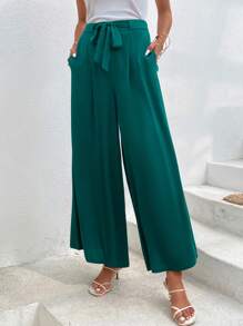 SHEIN LUNE 素色前打結闊腿褲 - 墨綠色 - 查看 1