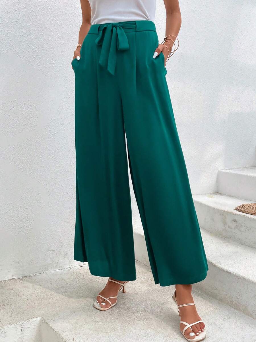 SHEIN LUNE 素色前打結闊腿褲 - 墨綠色 - 查看 1