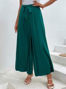 SHEIN LUNE 素色前打結闊腿褲 - 墨綠色 - 查看 2