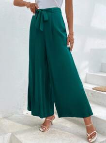 SHEIN LUNE 素色前打結闊腿褲 - 墨綠色 - 查看 3