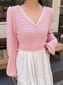DAZY 纯色V领镂空针织毛衣，秋季女装 - 粉色 - 查看 7