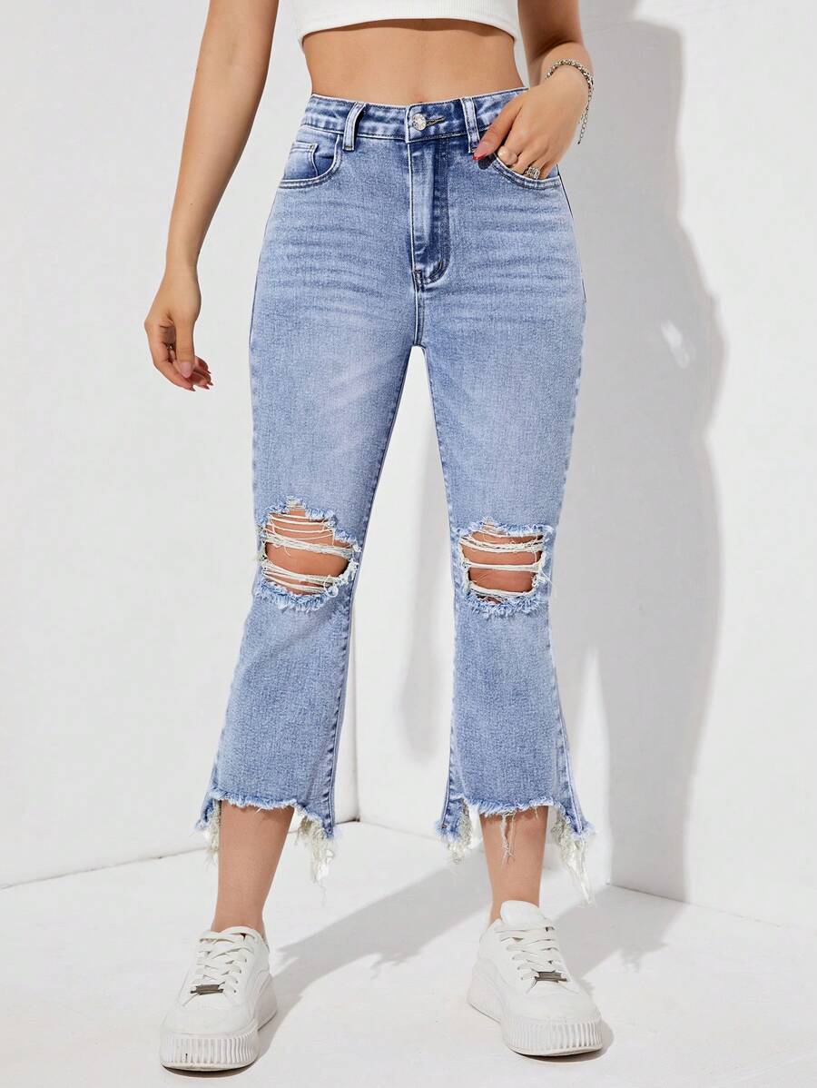 SHEIN EZwear Quần jean nữ Túi Hem thô Dây kéo màu trơn - Rửa nhẹ - Xem 1