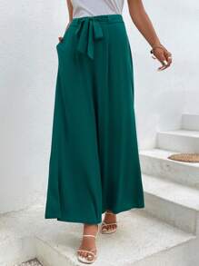 SHEIN LUNE 素色前打結闊腿褲 - 墨綠色 - 查看 4