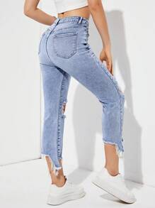 SHEIN EZwear Quần jean nữ Túi Hem thô Dây kéo màu trơn - Rửa nhẹ - Xem 3