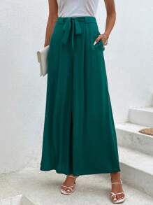 SHEIN LUNE 素色前打結闊腿褲 - 墨綠色 - 查看 5