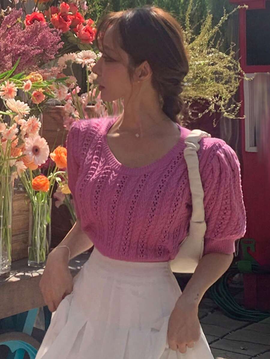 DAZY 泡泡袖網眼針織上衣 - 粉色 - 查看 1