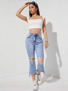 SHEIN EZwear Quần jean nữ Túi Hem thô Dây kéo màu trơn - Rửa nhẹ - Xem 2