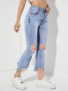 SHEIN EZwear Quần jean nữ Túi Hem thô Dây kéo màu trơn - Rửa nhẹ - Xem 4
