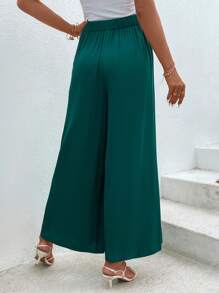 SHEIN LUNE 素色前打結闊腿褲 - 墨綠色 - 查看 6