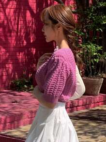 DAZY 泡泡袖網眼針織上衣 - 粉色 - 查看 3