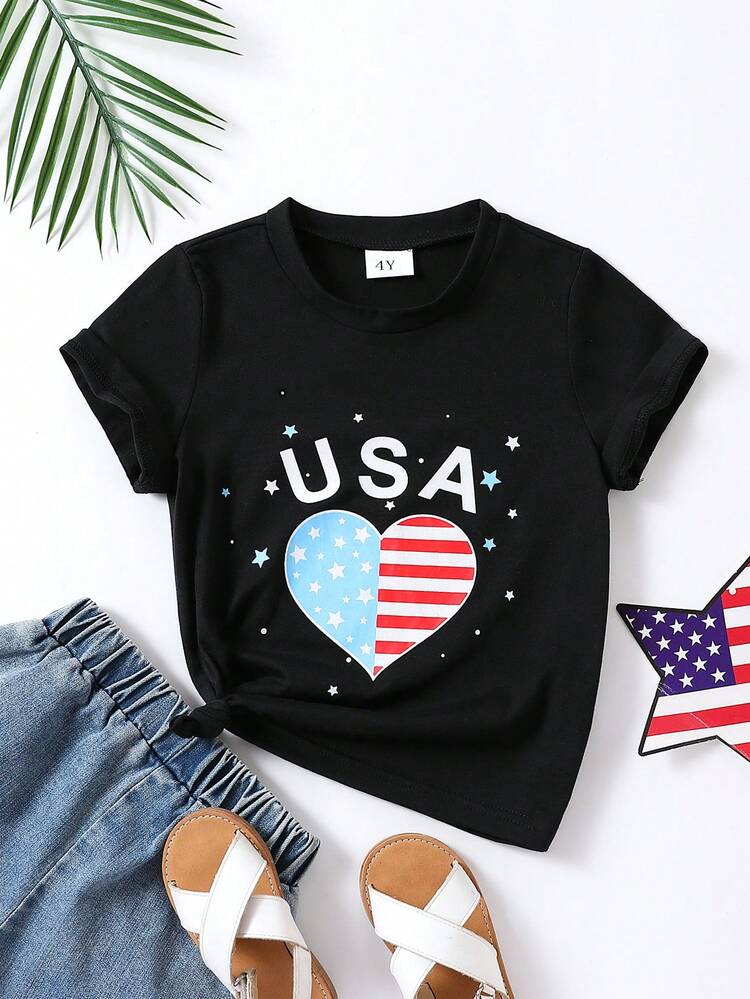 SHEIN Toddler Girls Americana & Heart Print Tee - Black - View 1