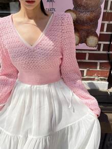 DAZY 纯色V领镂空针织毛衣，秋季女装 - 粉色 - 查看 10