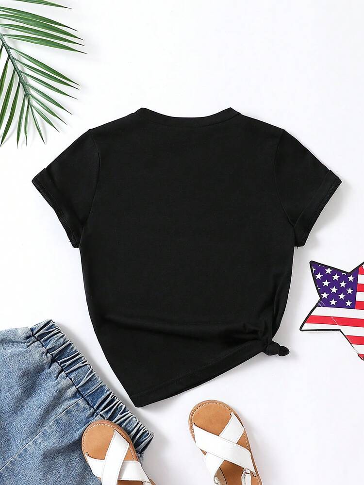 SHEIN Toddler Girls Americana & Heart Print Tee - Black - View 2