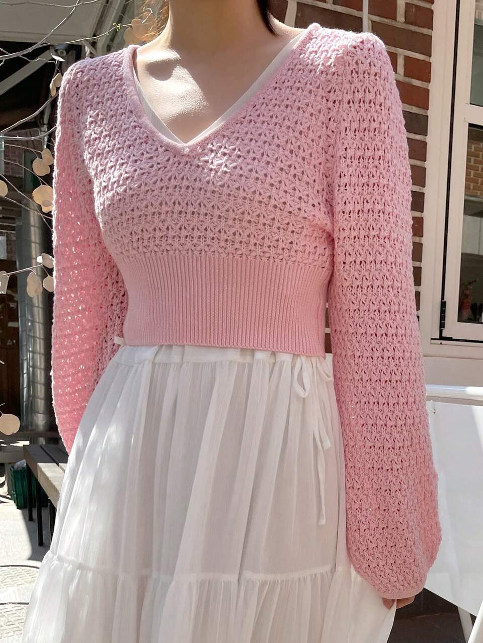 Solid V Neck Pointelle Knit Sweater,Fall Women Clothes