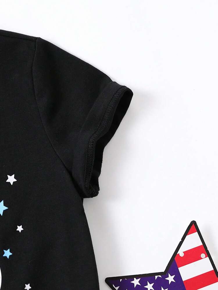 SHEIN Toddler Girls Americana & Heart Print Tee - Black - View 4