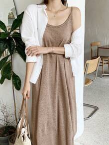 DAZY 纯色吊带连衣裙 无外套 吊带长裙 - 棕色 - 查看 3