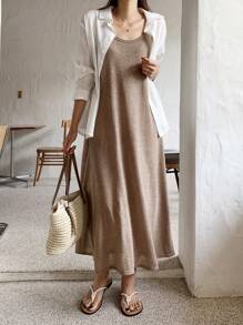 DAZY 纯色吊带连衣裙 无外套 吊带长裙 - 棕色 - 查看 4