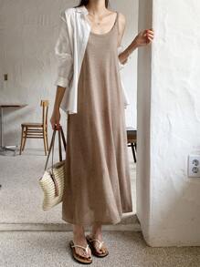 DAZY 纯色吊带连衣裙 无外套 吊带长裙 - 棕色 - 查看 6