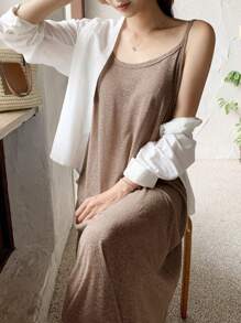 DAZY 纯色吊带连衣裙 无外套 吊带长裙 - 棕色 - 查看 8