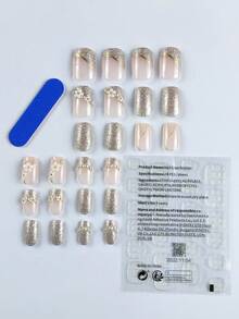 Nâng tầm phong cách của bạn với 24 chiếc 3D Camellia Vuông ngắn Ngọc trai giả Trang trí lấp lánh Pháp Full Cover Bộ móng tay giả - Nhiều màu - Xem 2