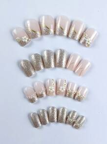 Nâng tầm phong cách của bạn với 24 chiếc 3D Camellia Vuông ngắn Ngọc trai giả Trang trí lấp lánh Pháp Full Cover Bộ móng tay giả - Nhiều màu - Xem 3