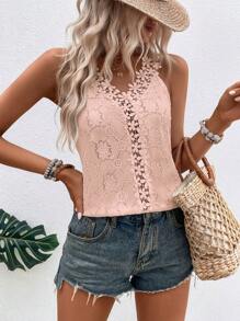 SHEIN LUNE Áo khoác và áo lót dành cho xe tăng nữ Tương phản ren màu trơn Giải trí - Bụi hồng - Xem 5
