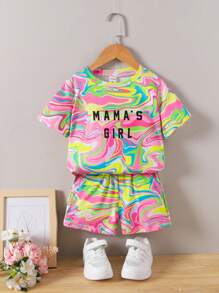 SHEIN 2pcs/set Young Girls' Casual Letter & Colorful Texture Pattern Short Sleeve T-shirt And Shorts Summer Outfits - Multicolor - View 1
