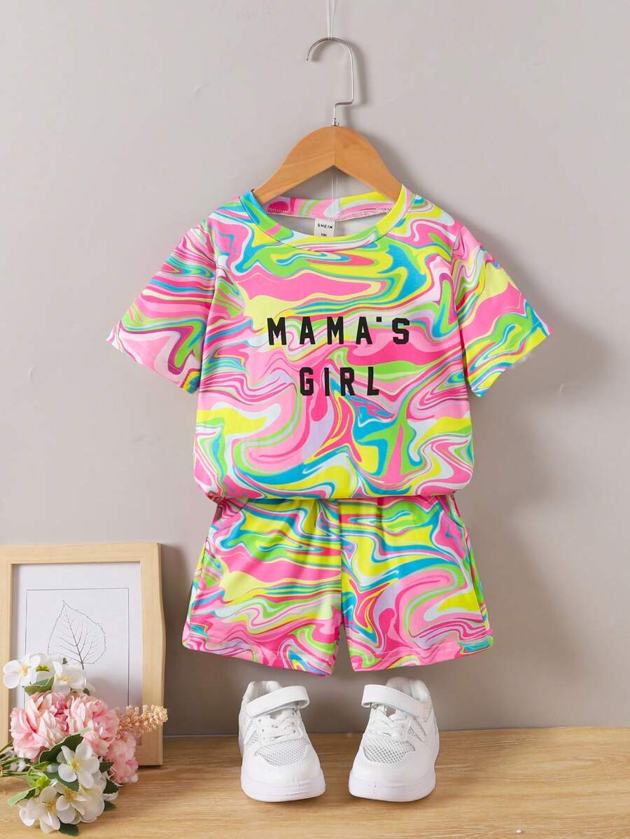 SHEIN 2pcs/set Young Girls' Casual Letter & Colorful Texture Pattern Short Sleeve T-shirt And Shorts Summer Outfits - Multicolor - View 1