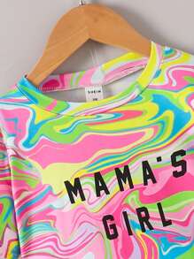 SHEIN 2pcs/set Young Girls' Casual Letter & Colorful Texture Pattern Short Sleeve T-shirt And Shorts Summer Outfits - Multicolor - View 6