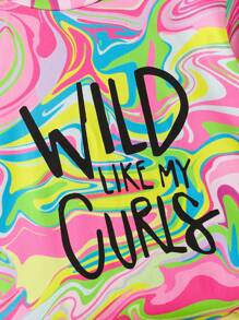 SHEIN 少女流體圖案及標語短袖t恤與短褲套裝 - 彩色 - 查看 4