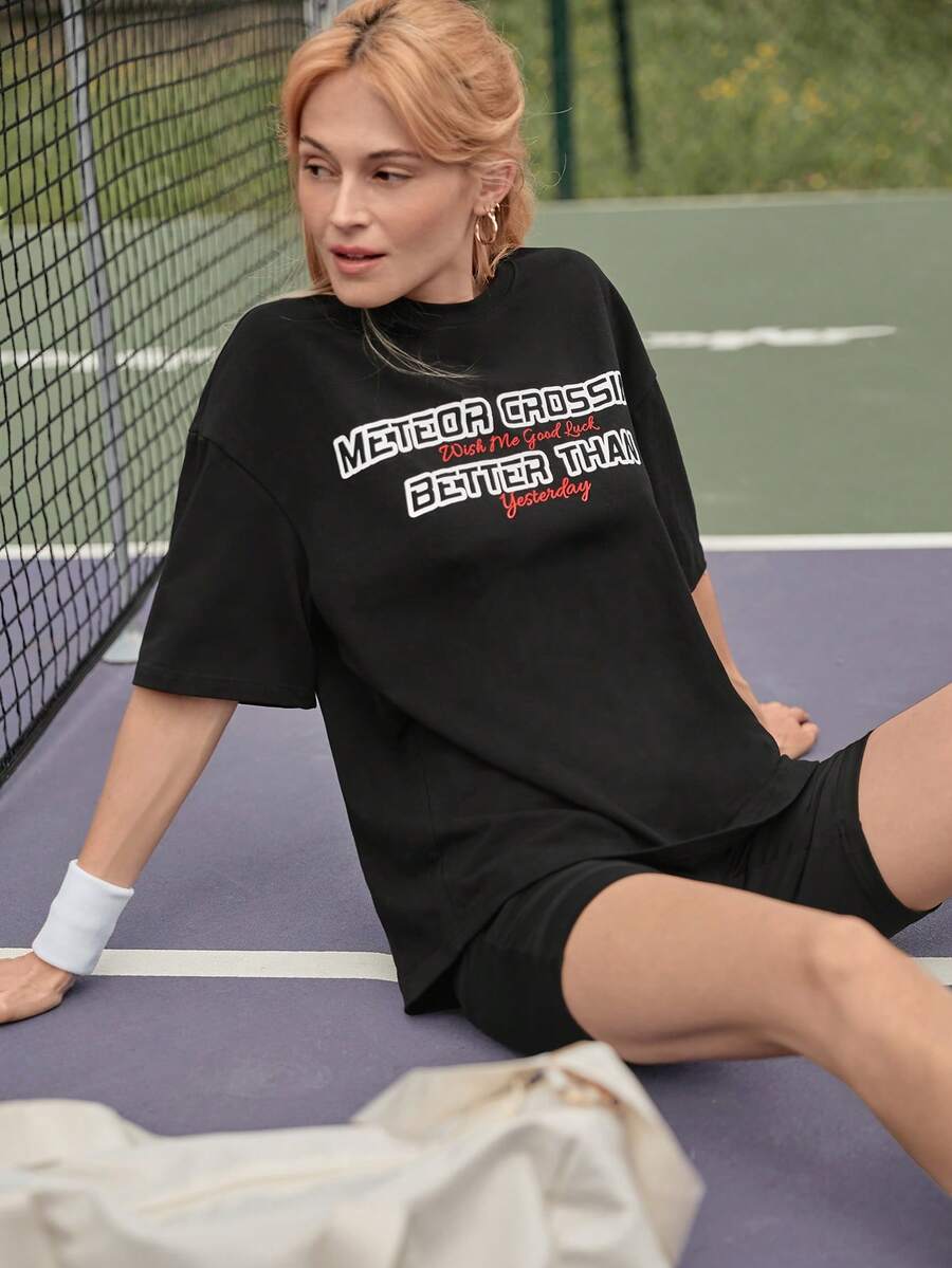 SHEIN Frenchy Áo thun nữ Lá thư Giải trí - màu đen - Xem 1