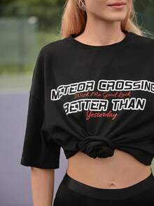 SHEIN Frenchy Áo thun nữ Lá thư Giải trí - màu đen - Xem 2