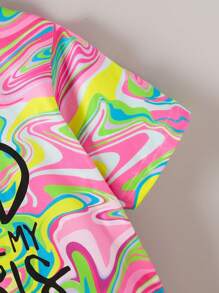 SHEIN 少女流體圖案及標語短袖t恤與短褲套裝 - 彩色 - 查看 7