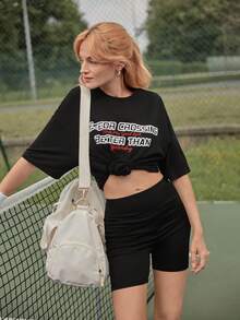 SHEIN Frenchy Áo thun nữ Lá thư Giải trí - màu đen - Xem 5