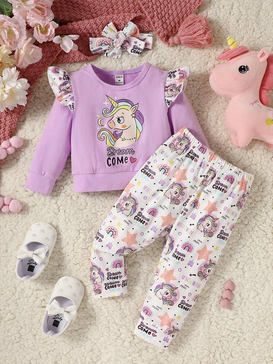 Baby Cartoon Graphic Ruffle Trim Sweatshirt & Pants - Multicolor - View 1